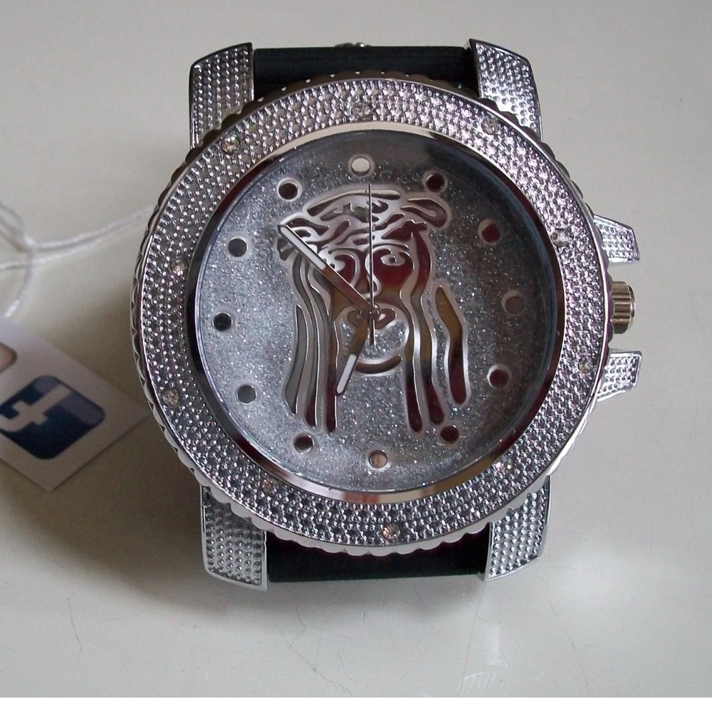 MEN'S BLACK  & SILVER FINISH GLITTER JESUS SILICONE BAND HIP HOP WATCH